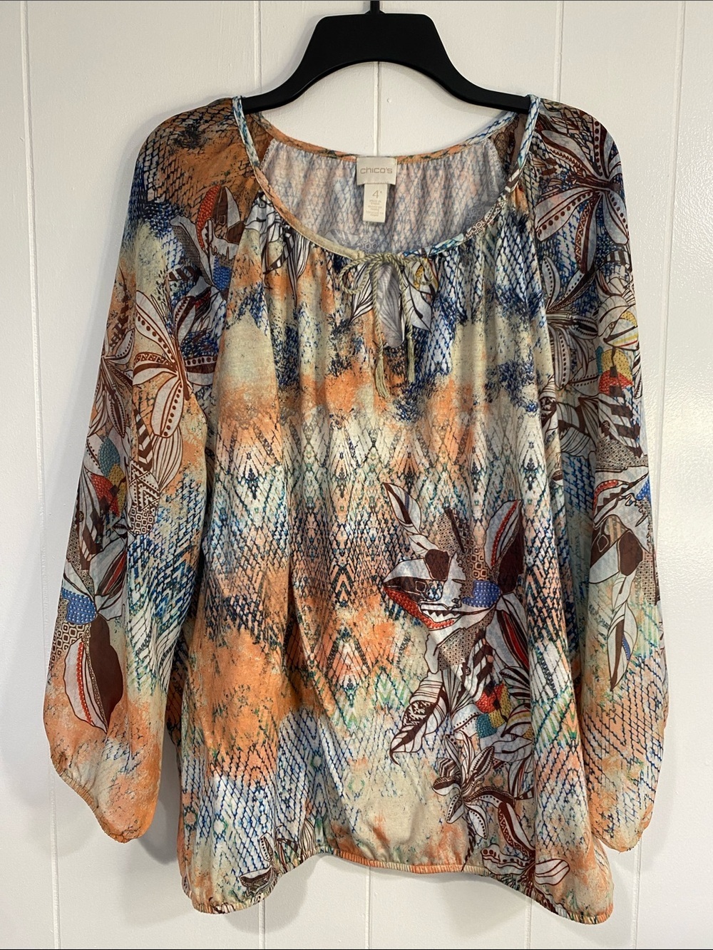 Chico's Boho Floral Peasant Blouse Festival Flowy Feminine Chic Size 16-18 (4) - Picture 4 of 11